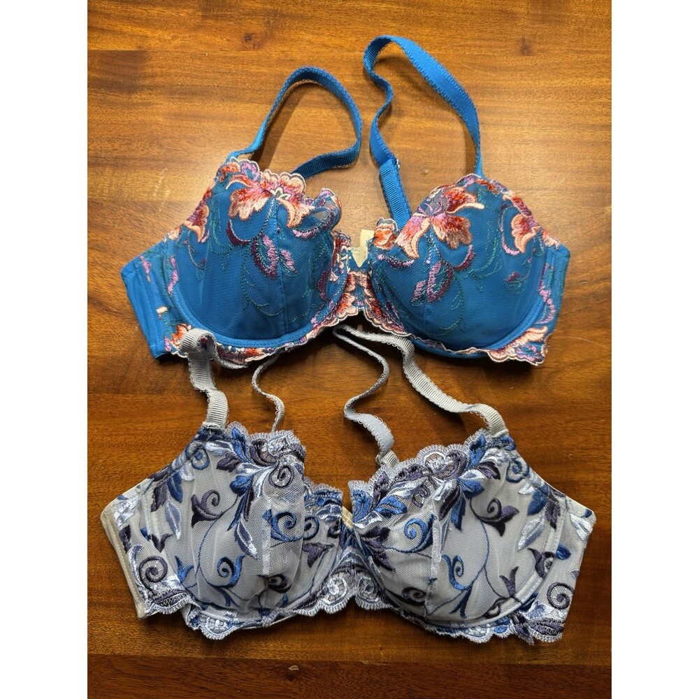Soma Sensuous Lace Balconette Bra Lot Of 2 Teal Blue Embroidered Floral 34C
